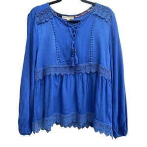 Farmers Market Women's Blouse Petite Medium 100% Rayon Lace V-Neck Boho Blue